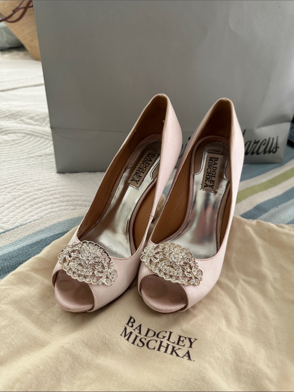Badgley Mischka Blush Pink Satin Peep-Toe Heels with Crystal Brooch